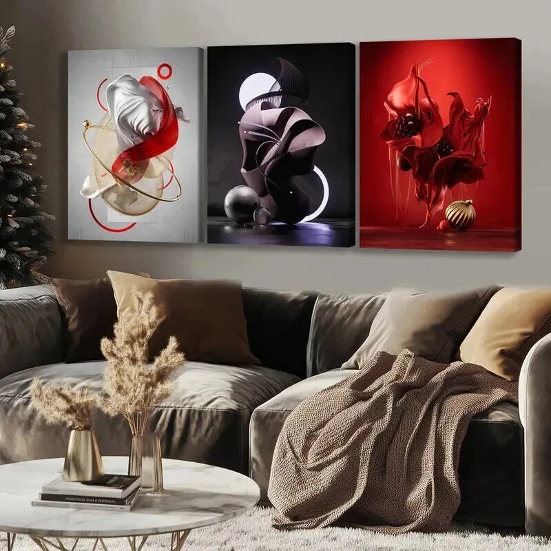 3pcs Modern Abstract Art Red & Gold Black White Wall Art Set Canvas Framed 50x70cm - High Quality Print 100% Australian Made Wall Canvas Ready to Hang