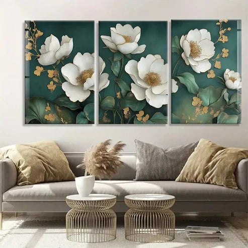 3pcs White Magnolia Flowers with Golden Perfect Wall Art Canvas Unframed – High Quality Print 100% Australian Made Wall Canvas