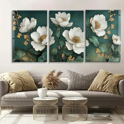 3pcs White Magnolia Flowers with Golden Perfect Wall Art Canvas Unframed – High Quality Print 100% Australian Made Wall Canvas