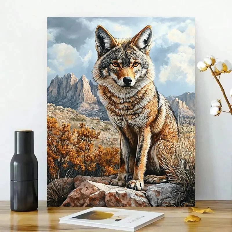 Realistic Painting of a Coyote in The Rocky Desert 40x60cm Metal Print Ready to Hang - Bella Home Decor