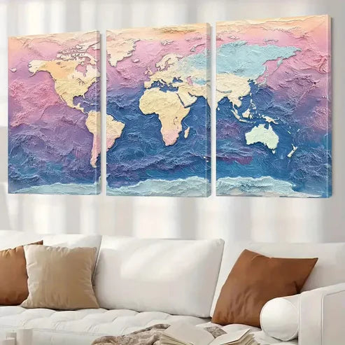 3pcs Decorative Aesthetic Textured World Map Wall Art Canvas Unframed - High Quality Print 100% Australian Made Wall Canvas - Bella Home Decor