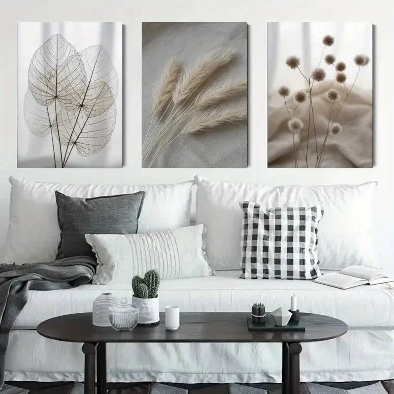 3pcs Botanical Dried Flower & Pampas Grass Metal Print Ready to Hang Art - Bella Home Decor