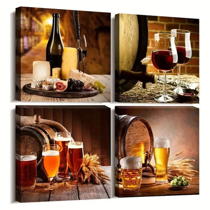 4pcs Ancient Ways Still Life Wine Glass Wall Art Canvas Framed