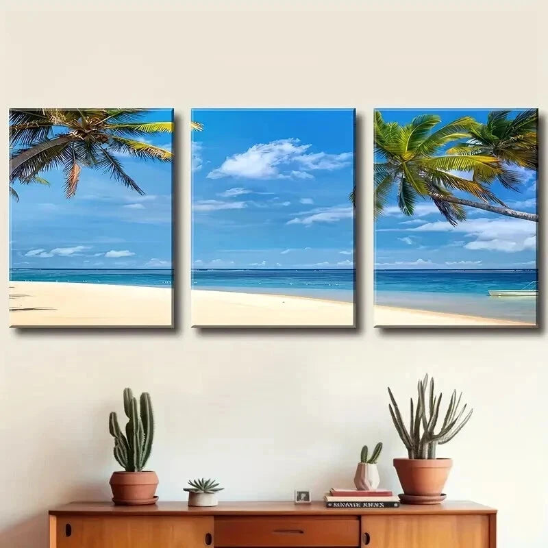 3pcs Beach Coconut Beach Landscape Painting Wall Art Set Canvas Framed 50x70cm - High Quality Print 100% Australian Made Wall Canvas Ready to Hang - Bella Home Decor