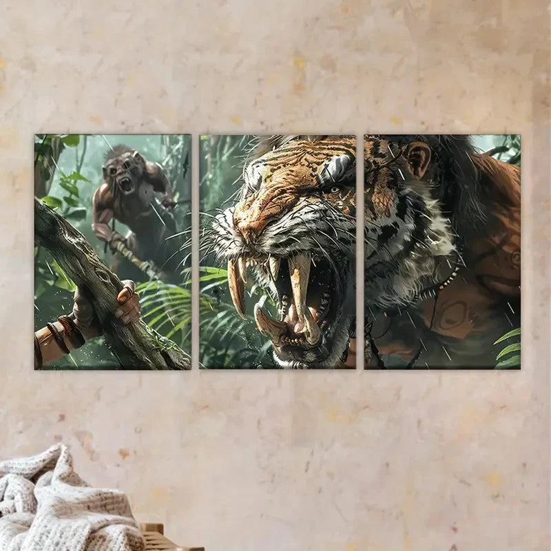 3pcs Abstract Depiction of a Saber-Toothed Tiger Wall Art Set Canvas Framed 50x70cm - High Quality Print 100% Australian Made Wall Canvas Ready to Hang - Bella Home Decor
