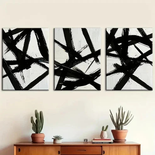 3pcs Black Intersecting Lines Modern Perfect Wall Art Set Canvas Unframed - High Quality Print 100% Australian Made Wall Canvas - Bella Home Decor