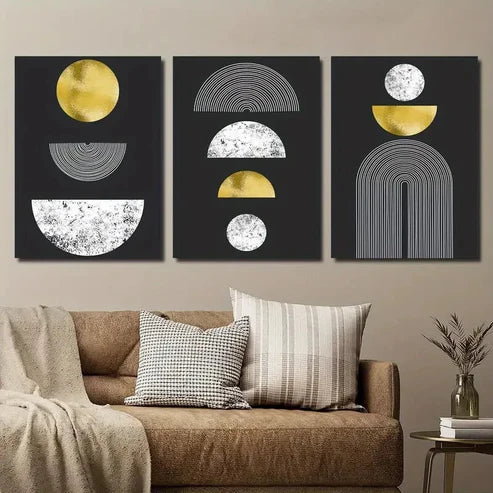3pcs Black And Golden Geometric Wall Art Set Canvas Unframed - High Quality Print 100% Australian Made Wall Canvas - Bella Home Decor