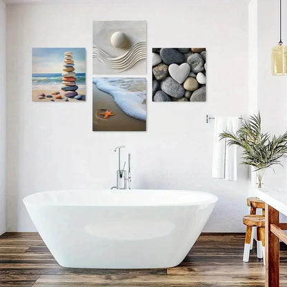 4pcs Starfish & Heart Stone Prints Wall Art Canvas Framed