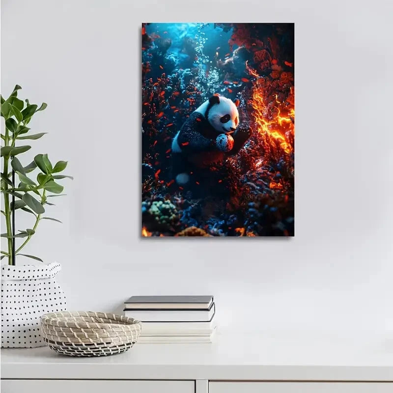 Panda Playing With Ball Underwater In Coral Painting 40x60cm Metal Print Ready to Hang - Bella Home Decor