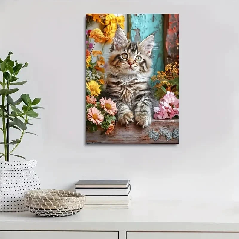 Cute Maine Coon Kitten with Vibrant Flowers 40x60cm Metal Print Ready to Hang