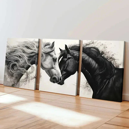 3pcs Black & White Horses Love Abstract Horses Wall Art Set Canvas Framed 40x60cm - High Quality Print 100% Australian Made Wall Canvas Ready to Hang - Bella Home Decor