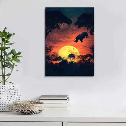 Rhino Swing Scene with Glowing Sunset Painting  40x60cm Metal Print Ready to Hang - Bella Home Decor