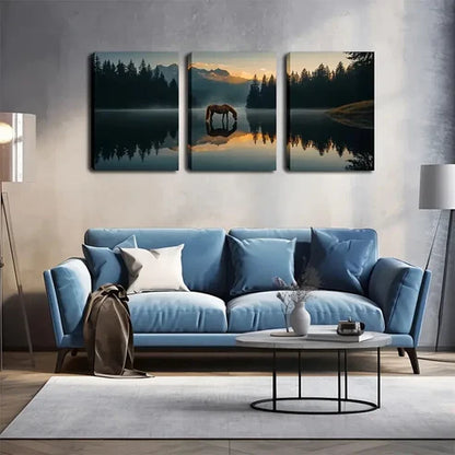 3pcs Majestic Horse In Forest And Lake Perfect Wall Art Canvas Unframed - High Quality Print 100% Australian Made Wall Canvas