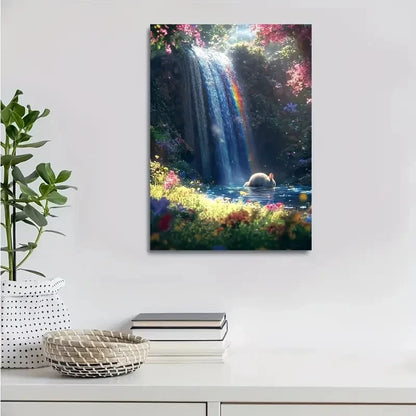 Enchanting Waterfall & Rainbow Scene with Rabbit 40x60cm Metal Print Ready to Hang - Bella Home Decor