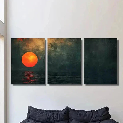 3pcs Red Sun over Emerald Green Sea Wall Art Canvas Unframed - High Quality Print 100% Australian Made Wall Canvas