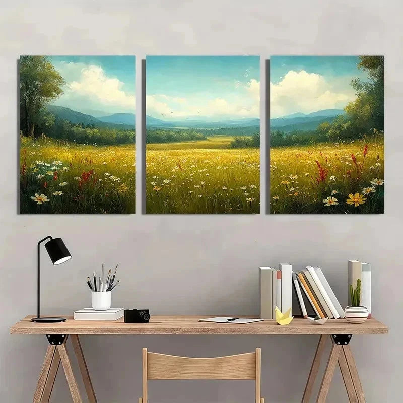 3pcs Spring Meadow Landscape Vintage Perfect Wall Art Set Canvas Framed 60x90cm - High Quality Print 100% Australian Made Wall Canvas Ready to Hang - Bella Home Decor