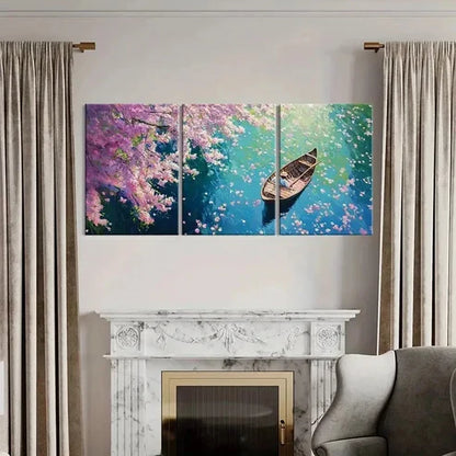 3pcs Blossom River Scene with Rowboat  Wall Art Set Canvas Unframed - High Quality Print 100% Australian Made Wall Canvas - Bella Home Decor