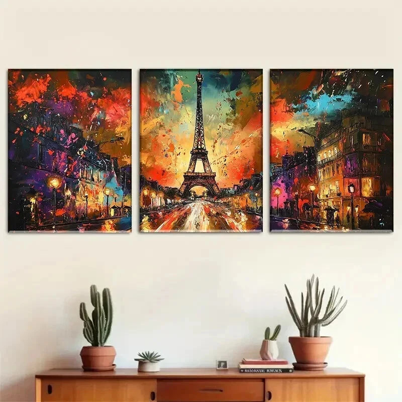 3pcs Abstract Eiffel Tower Nightscape Perfect Wall Art Set Canvas Framed 50x70cm - High Quality Print 100% Australian Made Wall Canvas Ready to Hang - Bella Home Decor