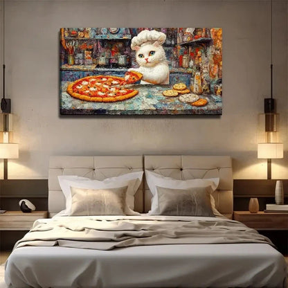 White Cat Chef Pizza Wall Art Canvas Office Home Room Framed 120x60cm