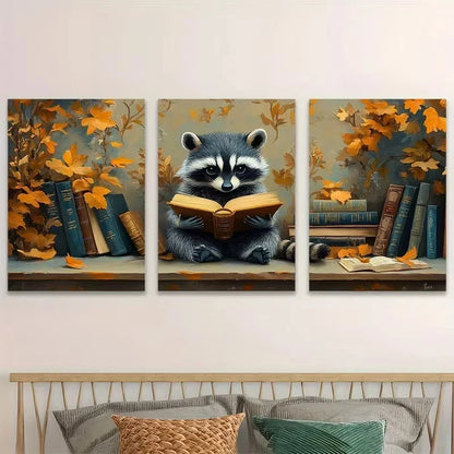 3pcs Whimsical Reading Raccoon Wall Art Set Canvas Framed 50x70cm - High Quality Print 100% Australian Made Wall Canvas Ready to Hang