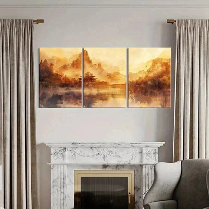 3pcs Chinese Traditional Yellowish Decor Metal Print Ready to Hang Art - Bella Home Decor