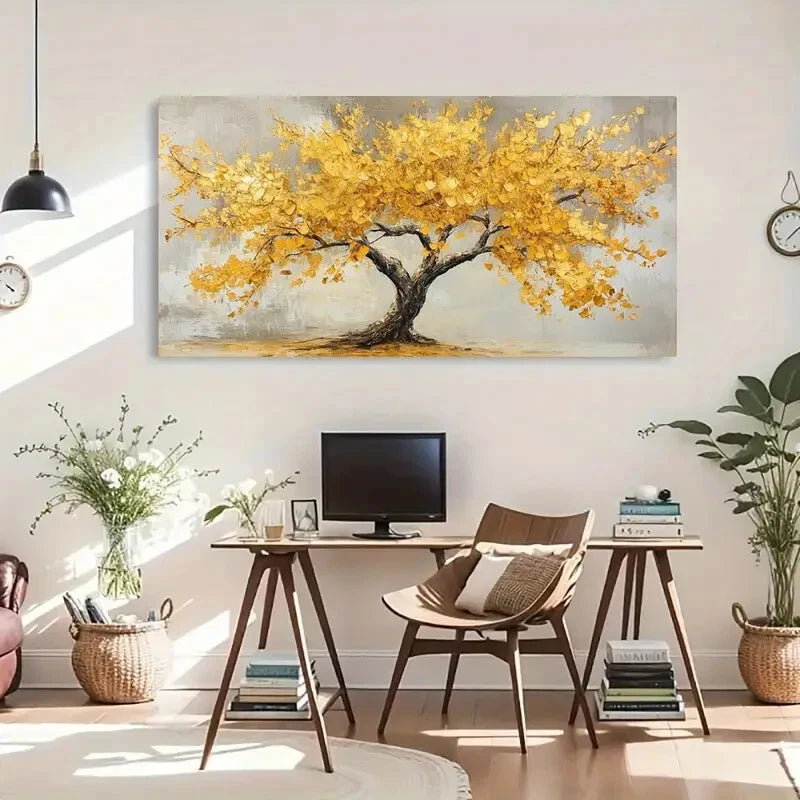 Golden Autumn Trees Abstract Wall Art Canvas Office Home Room Framed 120x60cm