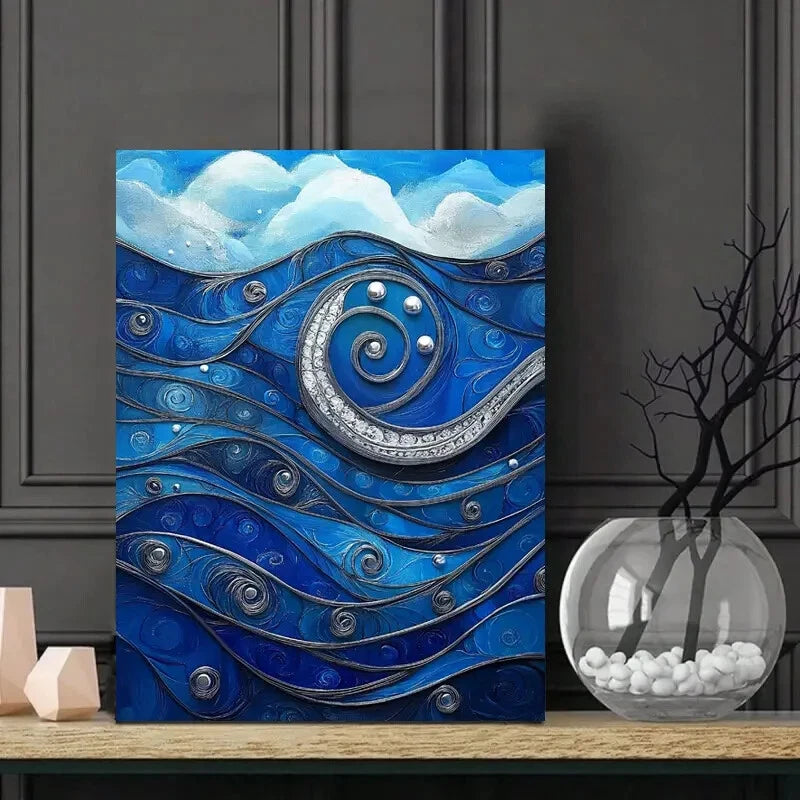 Beautiful Painting of Blue Waves with Swirls Pearls  40x60cm Metal Print Ready to Hang
