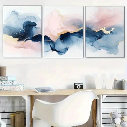3pcs Abstract Ink Paintings In Shades Of Blue Wall Art Set Canvas Framed 60x90cm - High Quality Print 100% Australian Made Wall Canvas Ready to Hang - Bella Home Decor