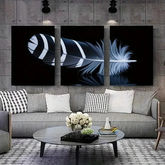 3pcs Minimalist Black & White Feather Design Metal Print Ready to Hang Art