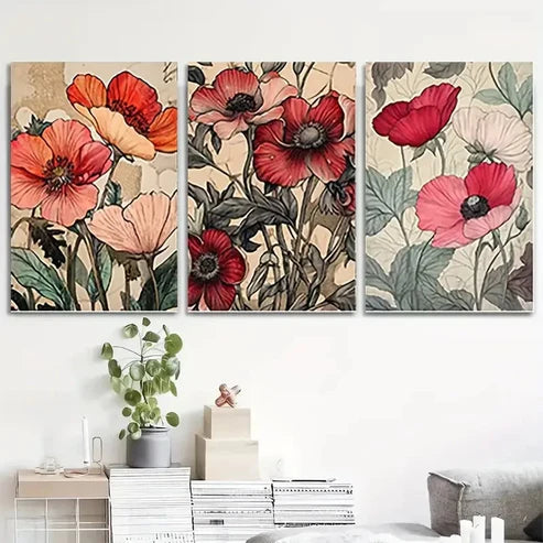 3pcs Floral Bouquet Red Flowers RF Wall Art Set Canvas Unframed - High Quality Print 100% Australian Made Wall Canvas
