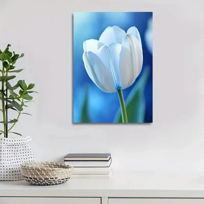 Vibrant White Tulip Painting on Blue Painting 40x60cm Metal Print Ready to Hang - Bella Home Decor