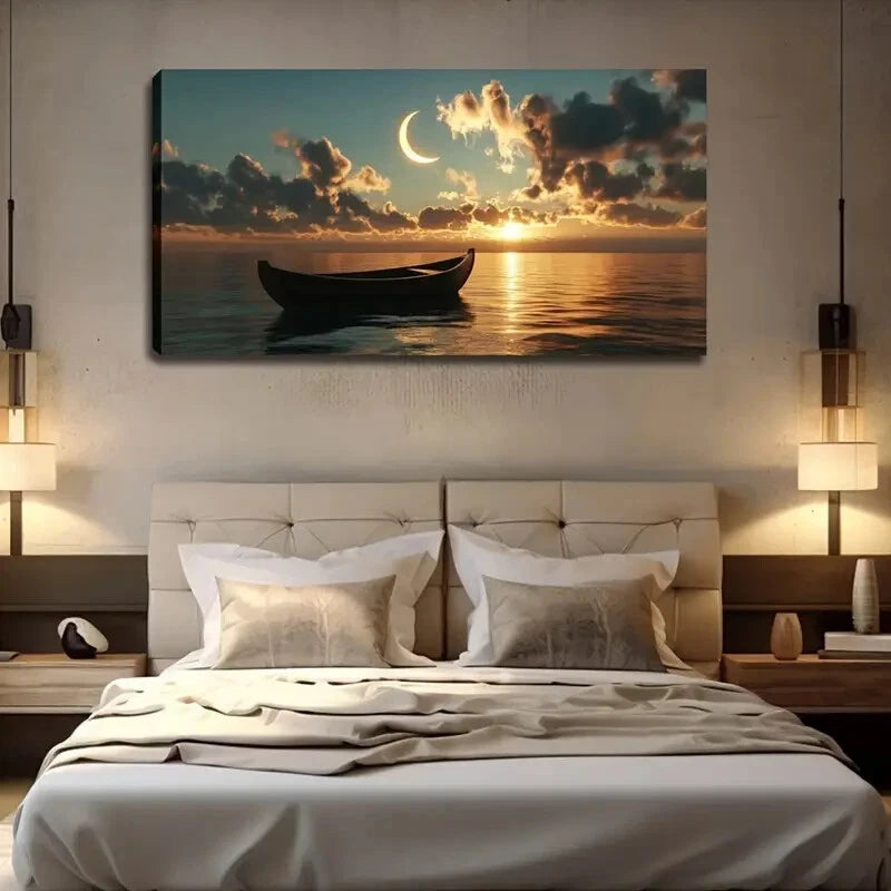 Moonlit Boat And Ocean Scene Wall Art Canvas Office Home Room Framed 120x60cm - Bella Home Decor