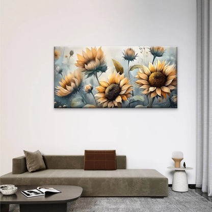 Sunflowers On A Blue Back Wall Art Canvas Office Home Room Framed 120x60cm