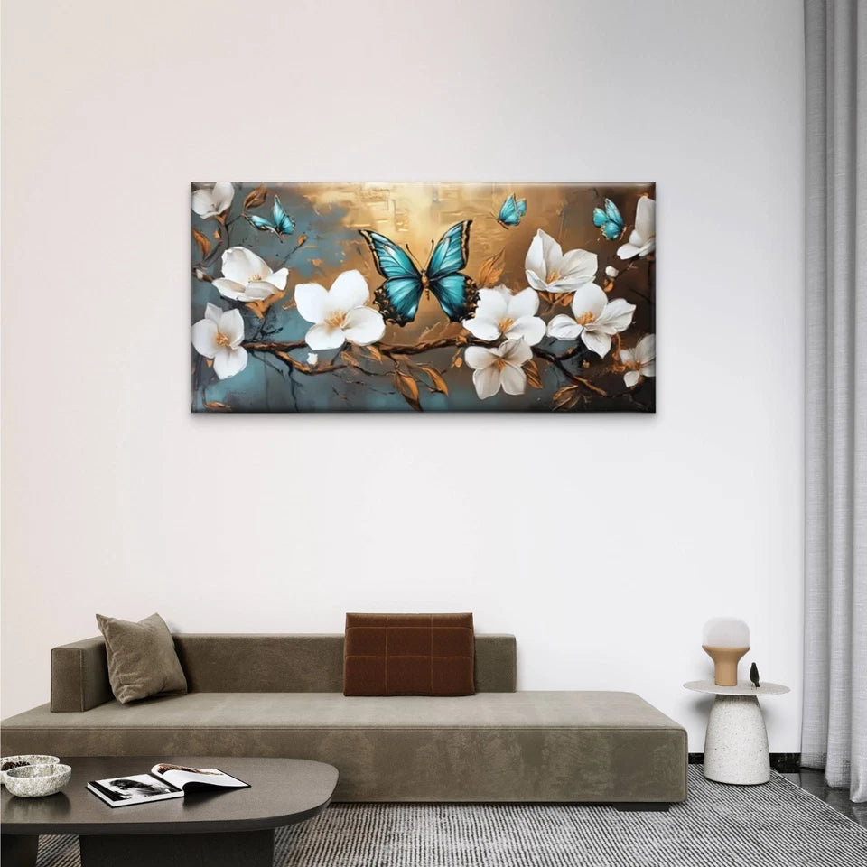 White Flowers Butterflies Wall Art Canvas Office Home Room Framed 120x60cm