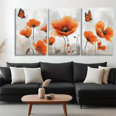 3pcs Vibrant Orange Poppy and Butterfly Art Set Canvas Unframed - High Quality Print 100% Australian Made Wall Canvas