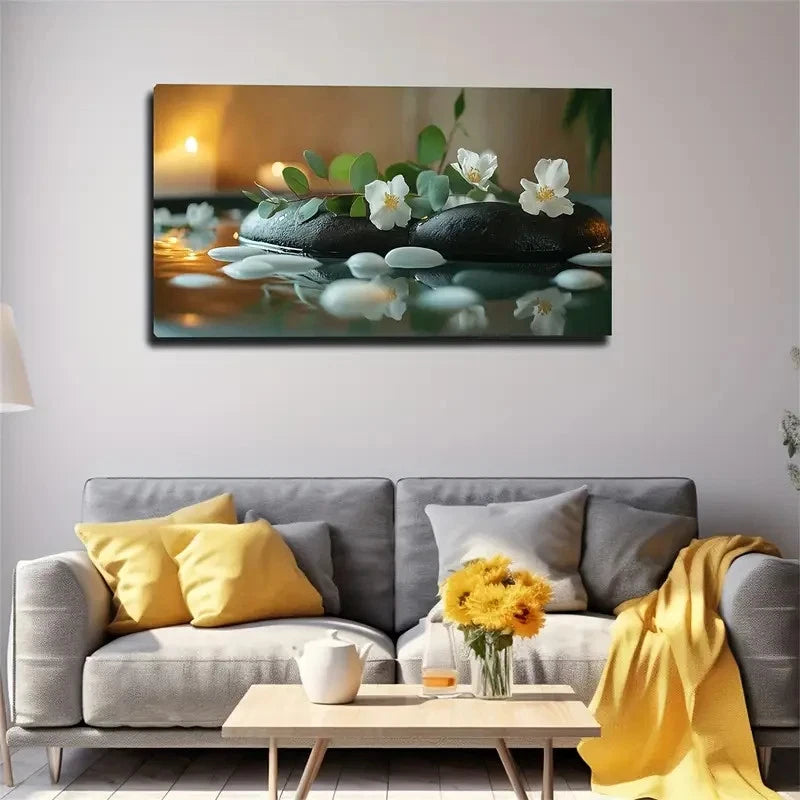 Serene White Flowers Black S Wall Art Canvas Office Home Room Framed 120x60cm