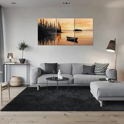 3pcs Sunset Lake Scene with Boat Wall Art Canvas Unframed - High Quality Print 100% Australian Made Wall Canvas