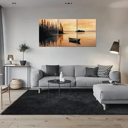 3pcs Sunset Lake Scene with Boat Wall Art Canvas Unframed - High Quality Print 100% Australian Made Wall Canvas