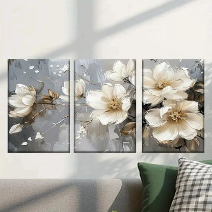 3pcs White Flowers on Gray Background Wall Art Set Canvas Framed 50x70cm - High Quality Print 100% Australian Made Wall Canvas Ready to Hang