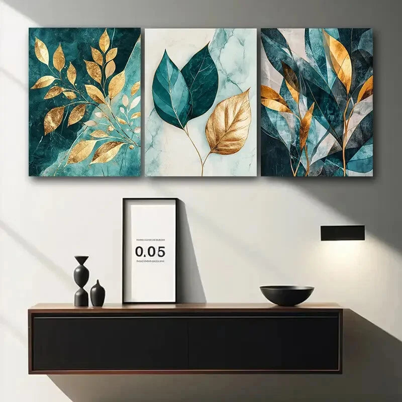 3pcs Teal and Golden Leaf Painting Metal Print Ready to Hang Art - Bella Home Decor