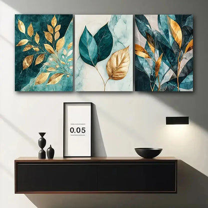 3pcs Teal and Golden Leaf Painting Metal Print Ready to Hang Art - Bella Home Decor