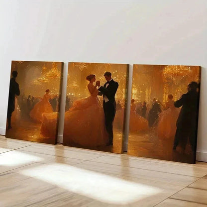 3pcs Golden Ballroom Elegant Dancing Couple Wall Art Set Canvas Framed 50x70cm - High Quality Print 100% Australian Made Wall Canvas Ready to Hang - Bella Home Decor