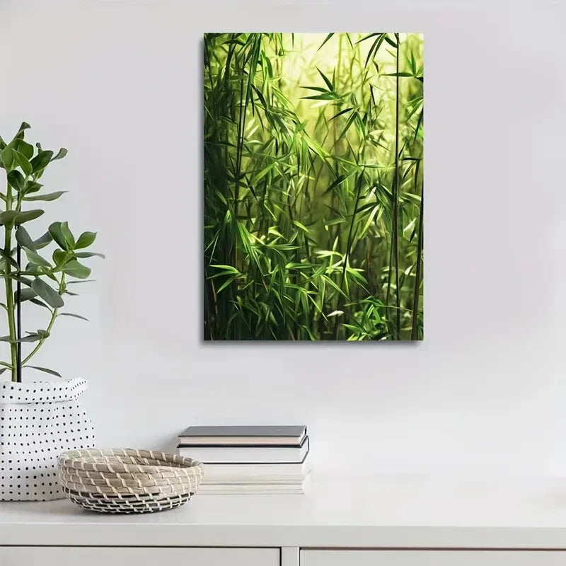 Emerald Green Bamboo Grass Meadow Painting 40x60cm Metal Print Ready to Hang - Bella Home Decor