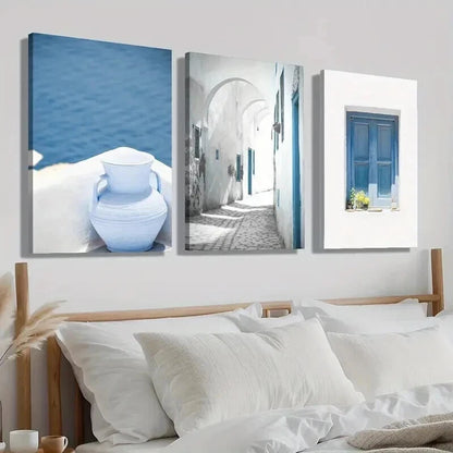 3pcs Santorini Island & Mykonos Lands Perfect Wall Art Set Canvas Framed 50x70cm - High Quality Print 100% Australian Made Wall Canvas Ready to Hang - Bella Home Decor
