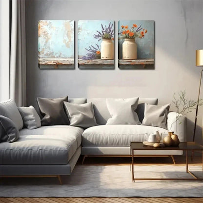 3pcs White Pots Lavender & Orange Flower Perfect Wall Art Set Canvas Framed 60x90cm - High Quality Print 100% Australian Made Wall Canvas Ready to Hang - Bella Home Decor