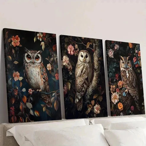 3pcs Colorful Dahlia & Owl Illustrations Wall Art Canvas Unframed - High Quality Print 100% Australian Made Wall Canvas - Bella Home Decor