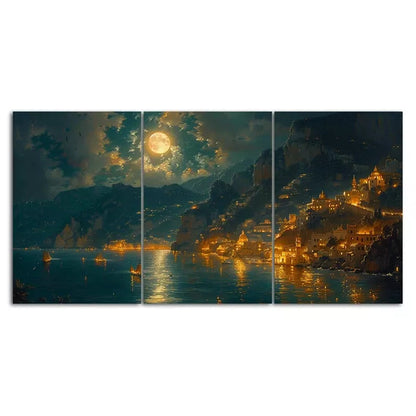 3pcs Cliffside Village at Night Full Moon Scenery Canvas Framed 40x60cm - High Quality Print 100% Australian Made Wall Canvas Ready to Hang - Bella Home Decor