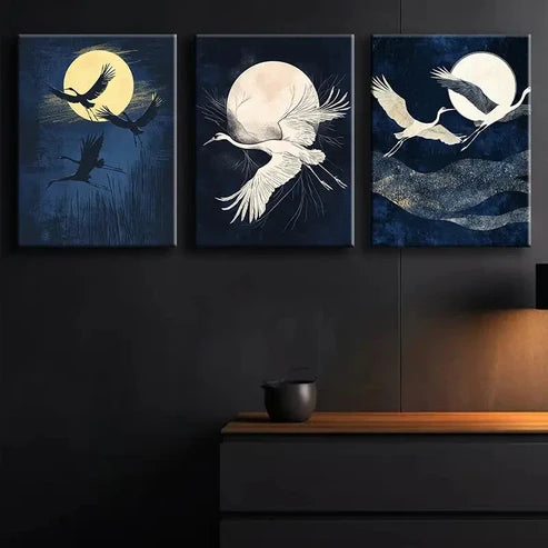 3pcs Cranes Fly Under the Moon Darkness Night Wall Art Set Canvas Unframed - High Quality Print 100% Australian Made Wall Canvas - Bella Home Decor