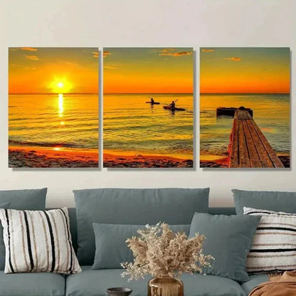 3pcs Sunset Beach Fishing Boats Ocean Vibrant Wall Art Set Canvas Unframed - High Quality Print 100% Australian Made Wall Canvas