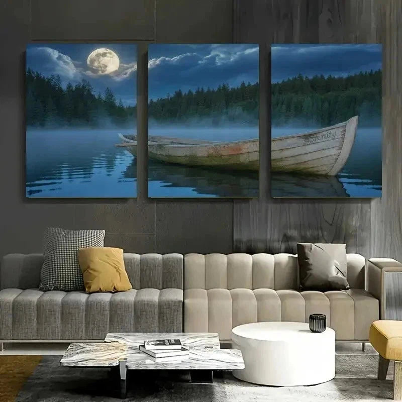 3pcs Moon, Rowboat, Pine Trees Wall Art Set Canvas Framed 60x90cm - High Quality Print 100% Australian Made Wall Canvas Ready to Hang